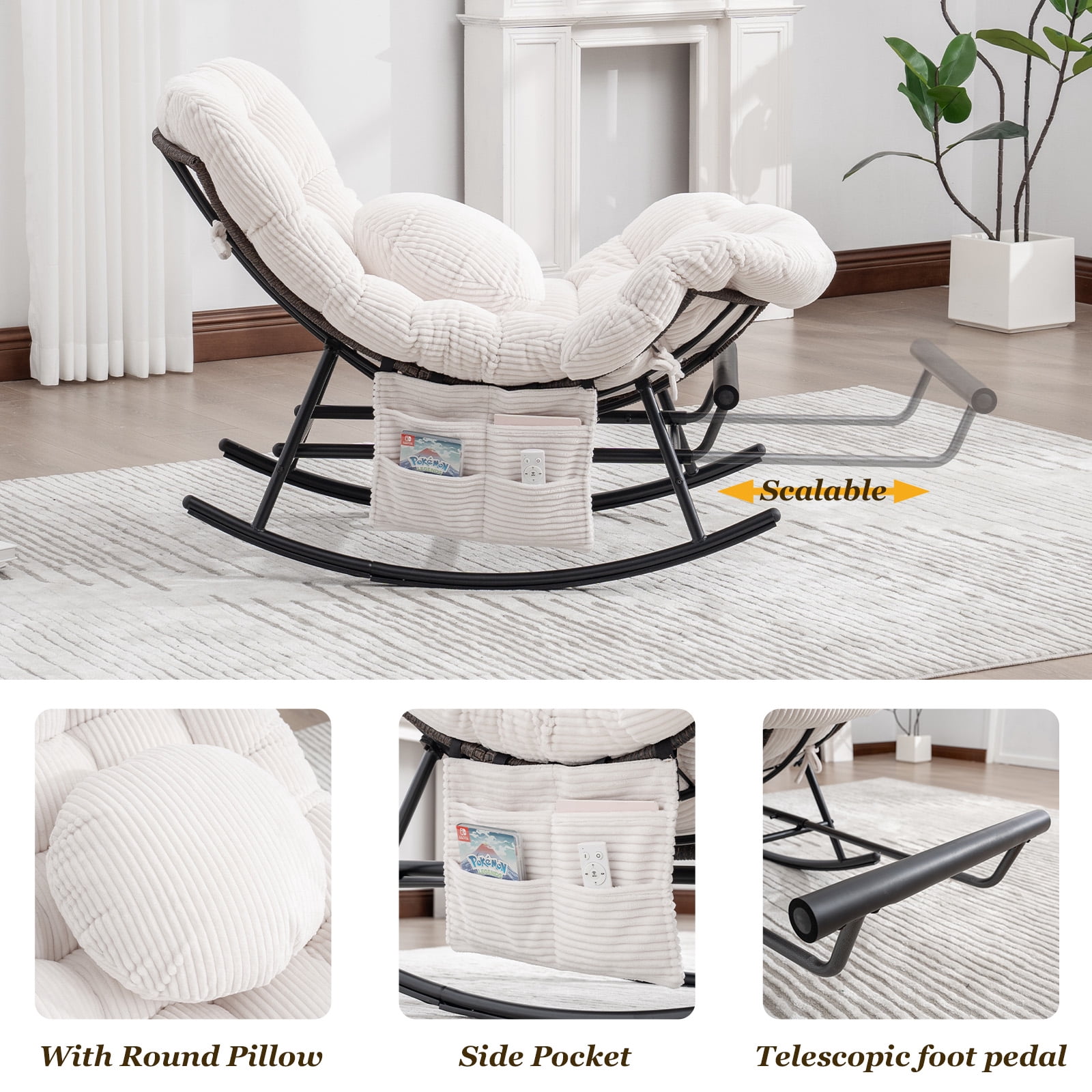 MOONMISS Rocking Chair with Thick Cushion and Footrest,Large Wicker Patio Rocker,Sturdy Steel Frame Lounge for Indoor/Outdoor