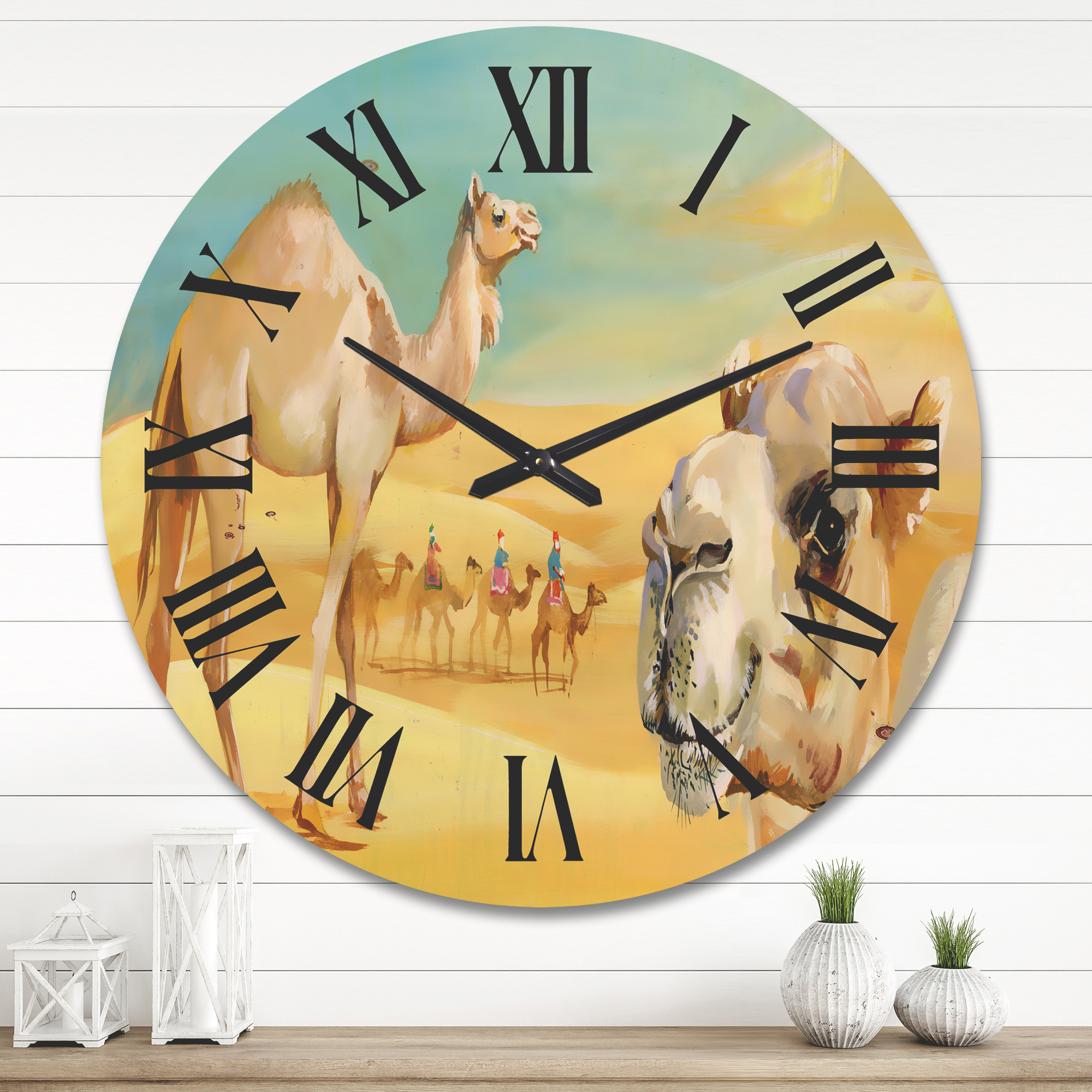 Designart 'Camels In Wild Desert II' Farmhouse Wood Wall Clock