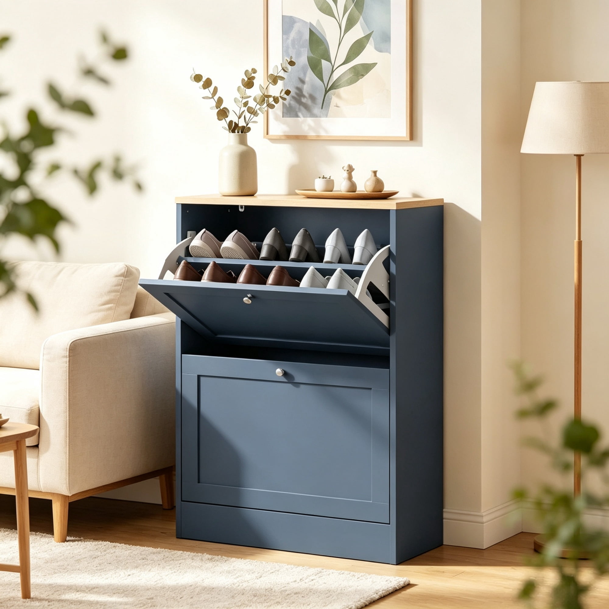 Slim Shoe Storage Cabinet, 2 Flip Drawers & Adjustable Shelves, Holds 8-12 Pairs, Blue