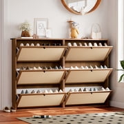 YOCWO Shoe Storage Cabinet with 3 Flip Doors for Entryway, Free Standing Linen Shoe Organizer with Open Shelf, Walnut