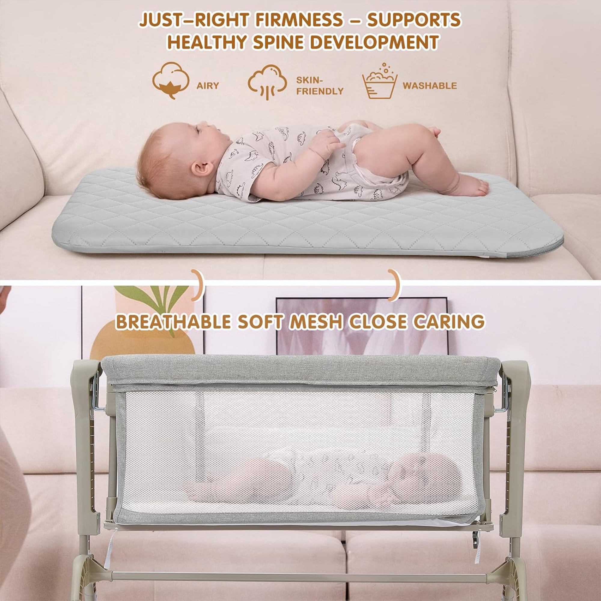 Ezebaby Baby Bassinet Bedside Sleeper, 3-in-1 Rocking Bassinet, Breathable Full-Mesh Baby Crib with 6 Height Adjustable and Lockable Wheels for Newborns