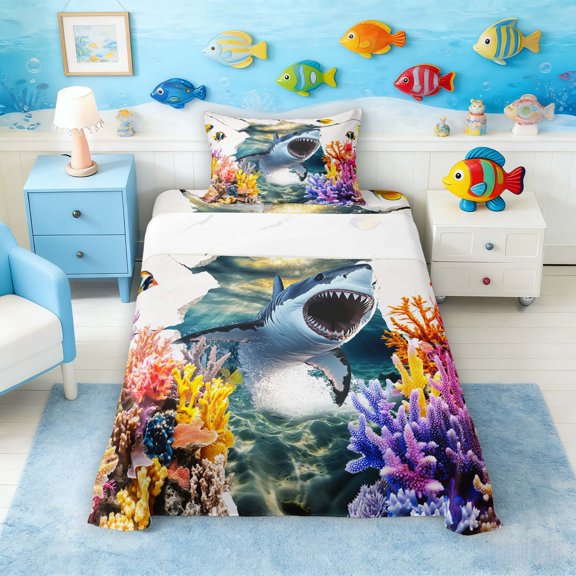 Manfei 3D Shark Colorful Coral Twin Sheet Sets for Kids Boys and Girls, Underwater World Bedding 3pcs, 1 Flat Sheet, 1 Fitted Sheet and 1 Pillowcase