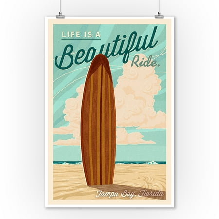 Tampa Bay, Florida - Life is a Beautiful Ride - Surfboard - Letterpress - Lantern Press Artwork (9x12 Art Print, Wall Decor Travel