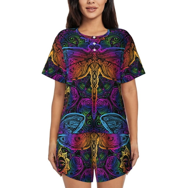 Balery Indian Mandalas Dragonfly Conjunto de Pijama para Mujer con Estampado, Dos Piezas de Manga Corta y Shorts, Ropa de Dormir Suave con Cuello Redondo y Bolsillos-3X-Large