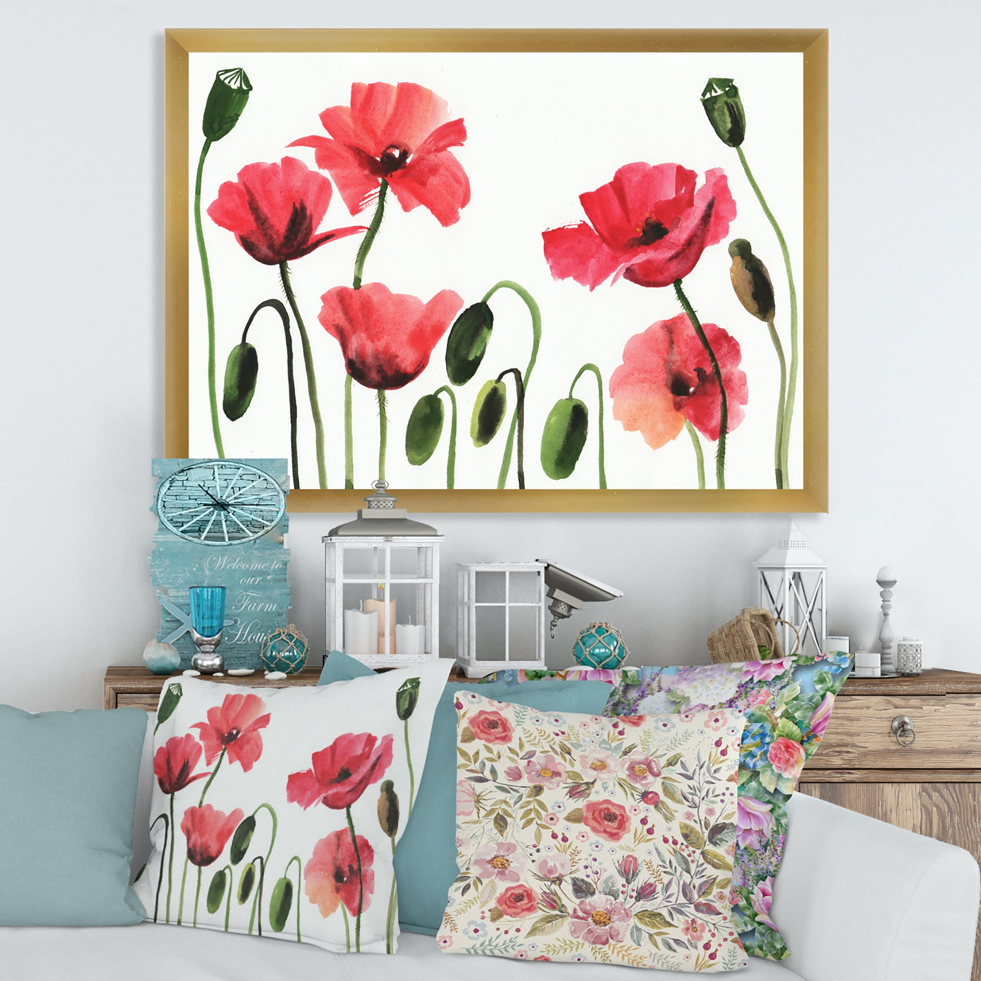 Designart 'Ancient Red Blooming Poppies' Traditional Framed Art Print