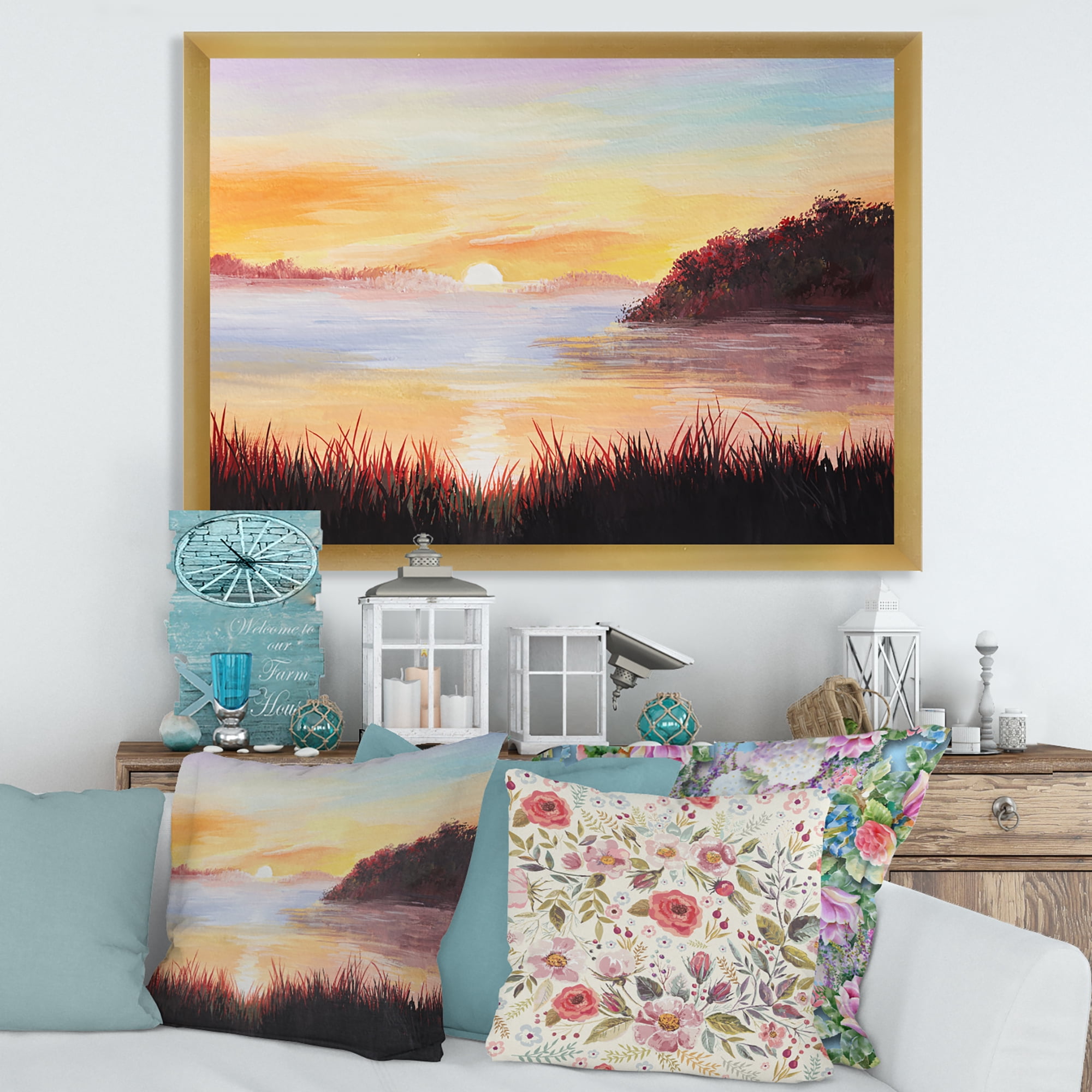 Designart 'The Reeds On The Lake In Evening Glow' Nautical & Coastal Framed Art Print