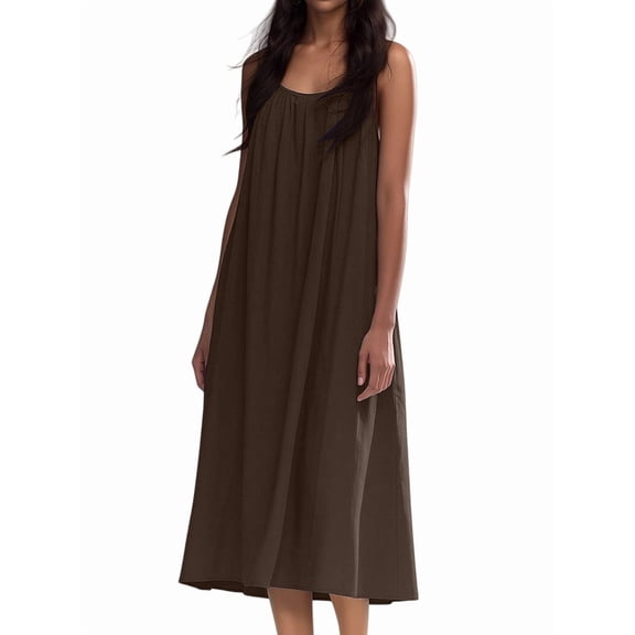 Women Dresses Spaghetti Strap V Neck Casual Sleeveless Sundress YS8131-Brown S