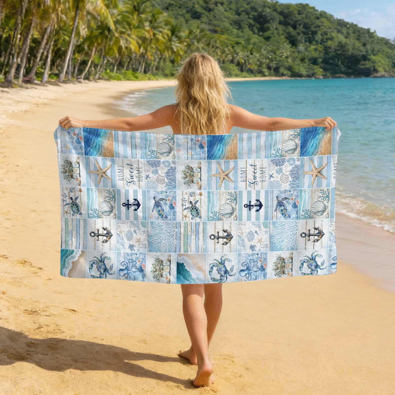Beach Towel Bag 2 in 1 Anchor Marine Life Bath Pool Towels Backpack Ocean Beach Blue Plaid Absorbent Beach Towel Soft Quick Dry Lightweight Towels Drawstring Bag for Travel Camping Sports Picnic