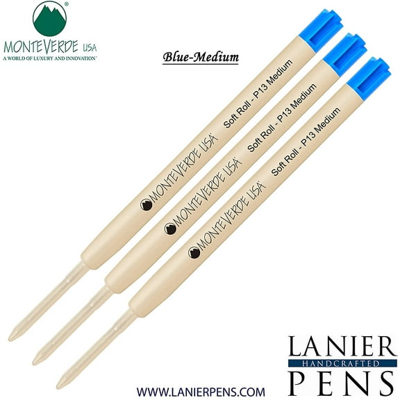 Lanier Combo Pack - 3 Pack - Monteverde SoftRoll Ballpoint P13 Paste Ink Refill Compatible with most Parker Style Ballpoint Pens - Blue (Medium Tip 0.7mm)