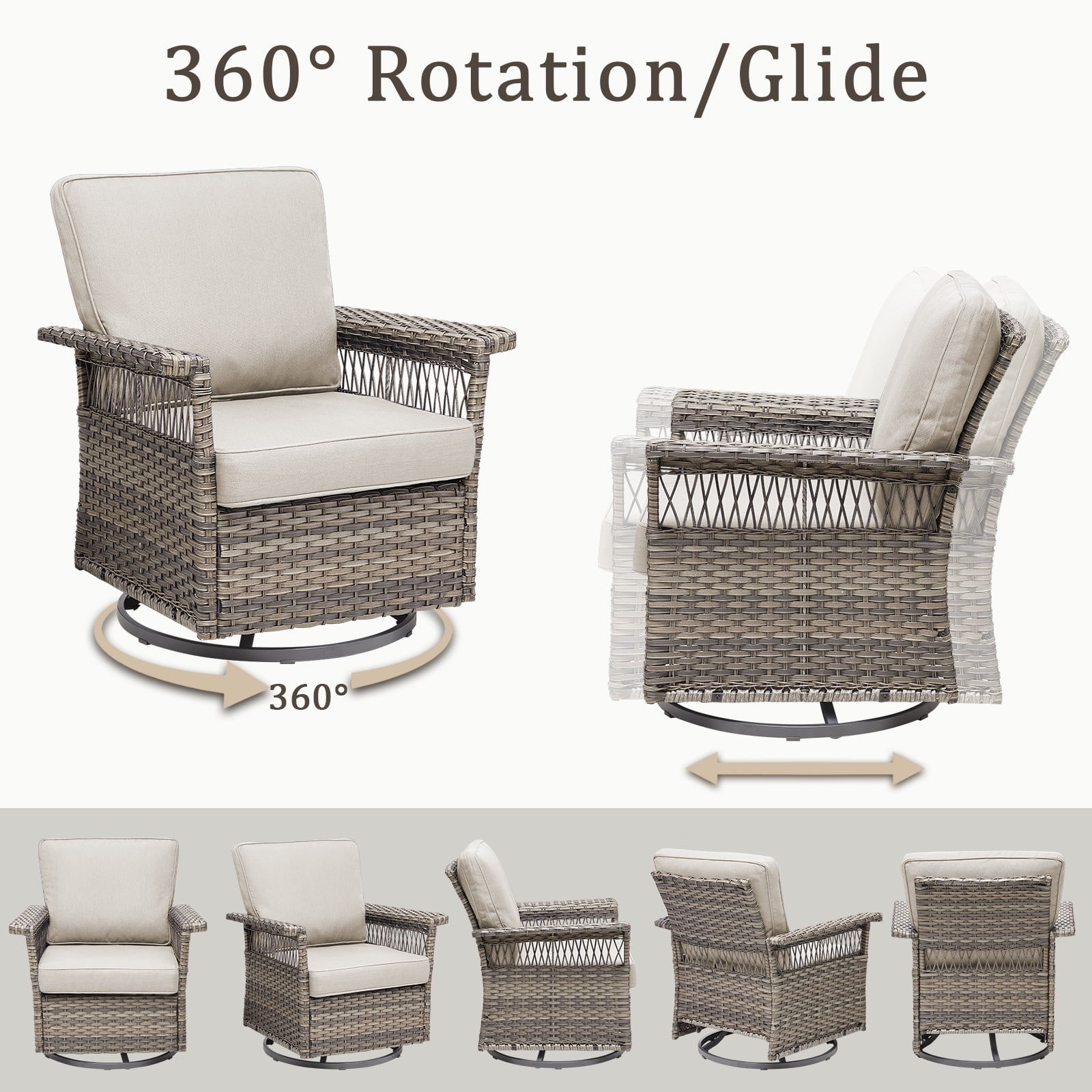 Lumiinofami 5 Piece Patio Furniture Set, Wicker Outdoor Patio Conversation Swivel Glider Rocker Chairs Set with Ottomans and Storage Side Table for Balcony Deck Garden, Beige Cushions