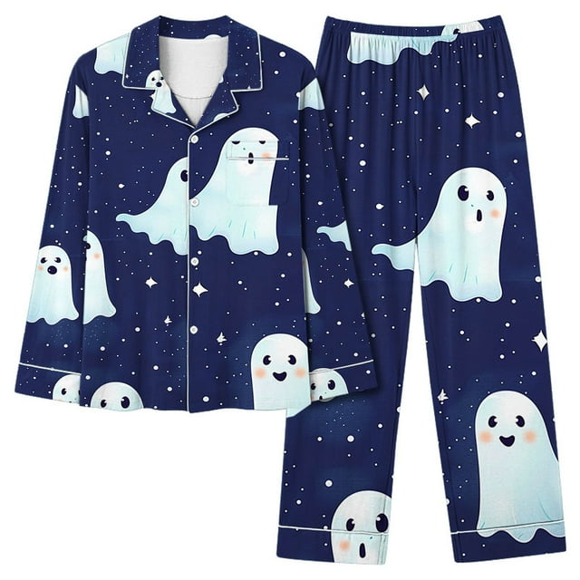 Ensembles de Pyjama pour Femmes Ensemble de Pyjama Décontracté Ample et à la Mode Imprimé d'Halloween Pantalon Long à Manches Longues et Col à Revers pour Femmes