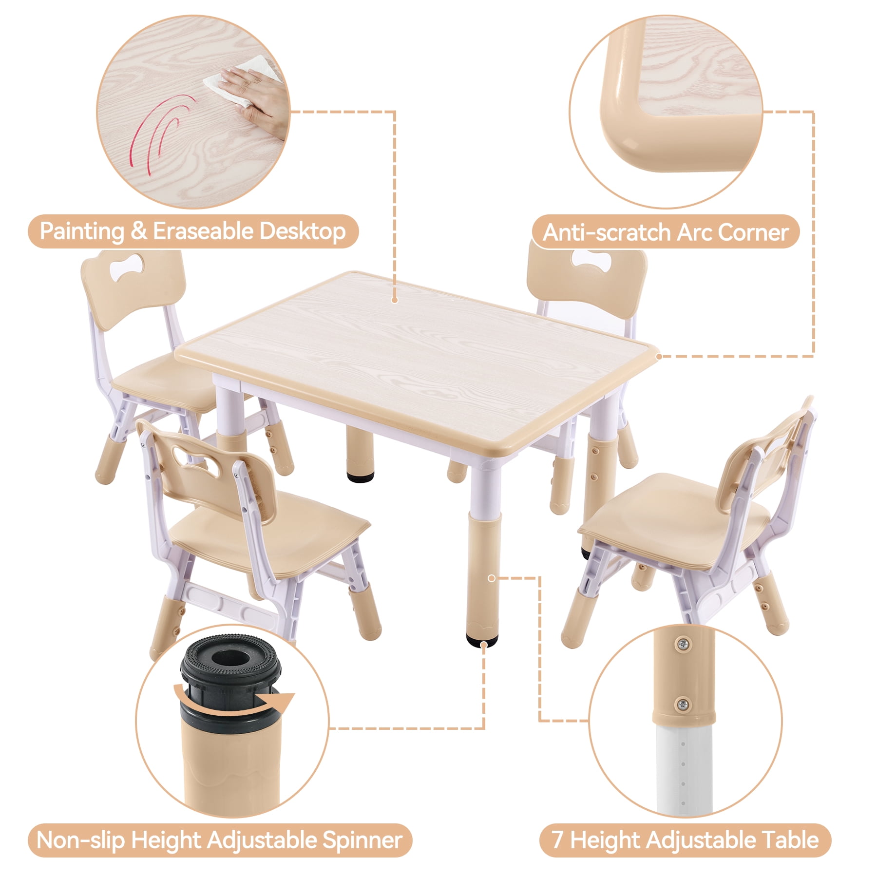 DOREROOM Height-Adjustable Kids Table and 4 Chairs Set, Toddler Table and Chair Set with Graffiti Desktop, 31.5''L x 23.6''W Children Activity Table for Daycare, Classroom, Home