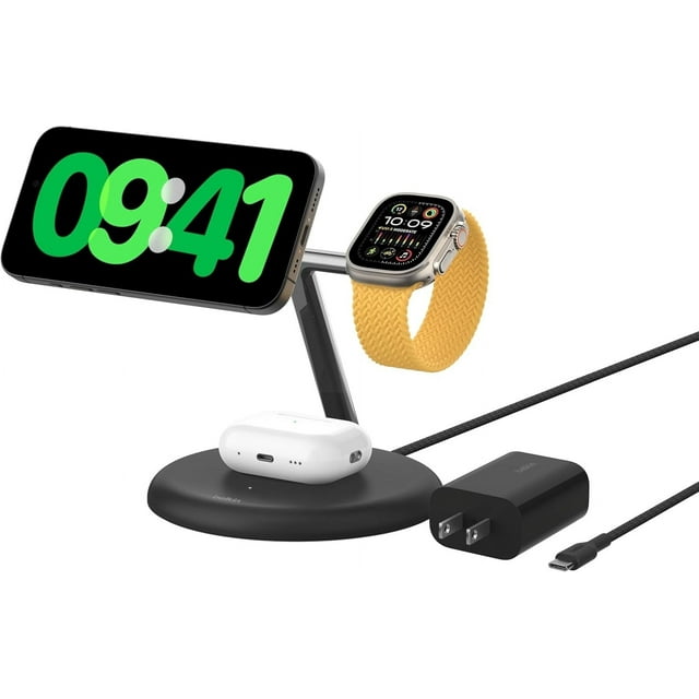 Belkin MagSafe Charger Compatible 3-in-1 Wireless Charging Stand 15W - Qi2-Certified Wireless Charger, Fast Charging iPhone Charger for iPhone 16, AirPods, Apple Watch, & More (PSU Included) - Black