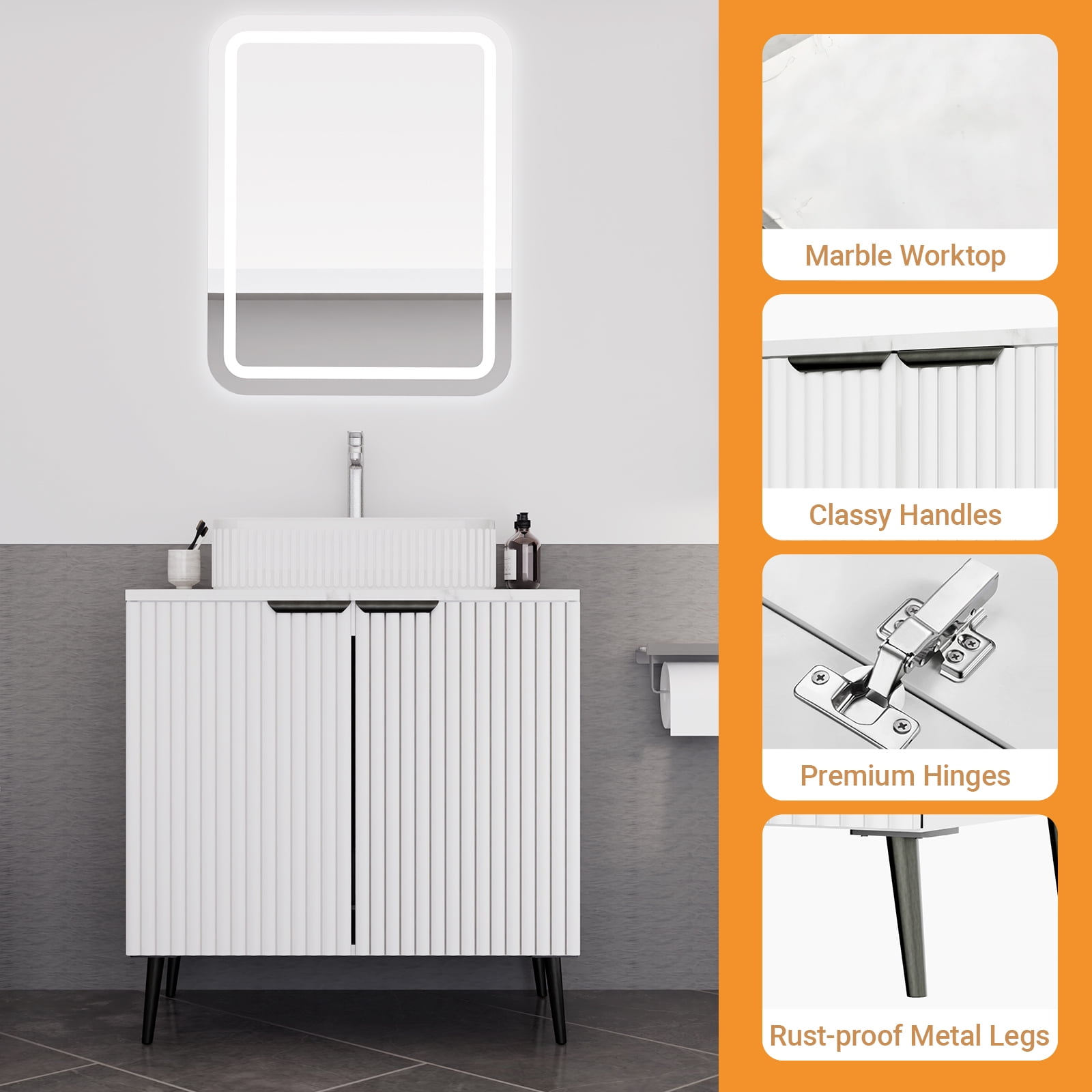 30" White Modern Bathroom Vanity Without Sink, Bathroom Storage Cabinet with 2 Soft Closing Doors, Freestanding Cabinet with Metal Handles (White Without Sink, 30")