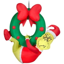 Gemmy 3.5 ft Airblown® Blowup Inflatable Grinch Hanging from Wreath with Built-In Lights  - Green