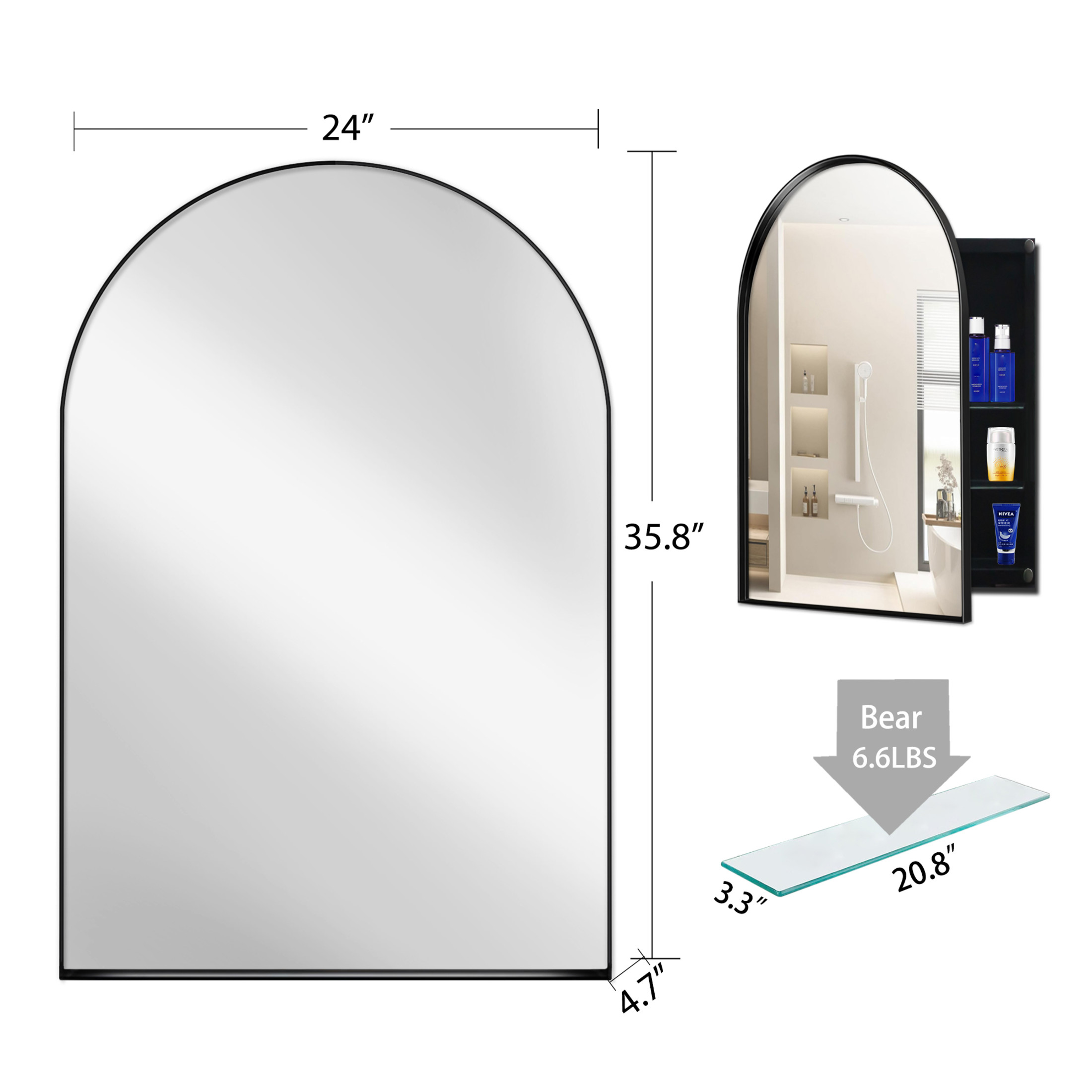 Noble House Arched Medicine Cabinet with Mirror, Recessed or Surface Mount, Adjustable Shelves, Matte Black