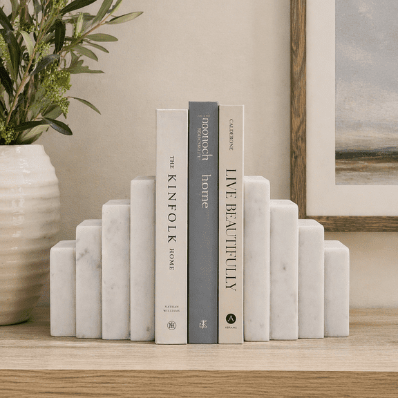 Marble Stacked Block Bookends for Bookshelf Decor - Book Accessories for Office Desk, Shelf, and Home Library - Decorative Accent for Living Room and Console Table - Set of 2, 5", White