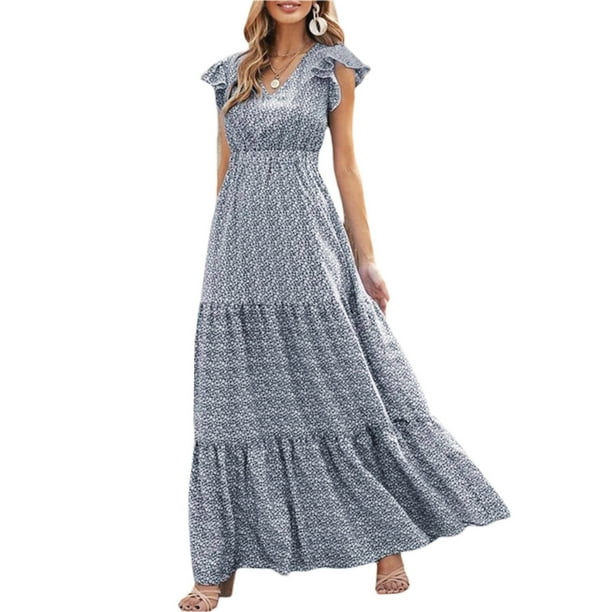 VISgogo Vestido largo de playa de verano para mujer, manga con volantes, cuello en V, bohemio, floral, línea A VISgogo moda