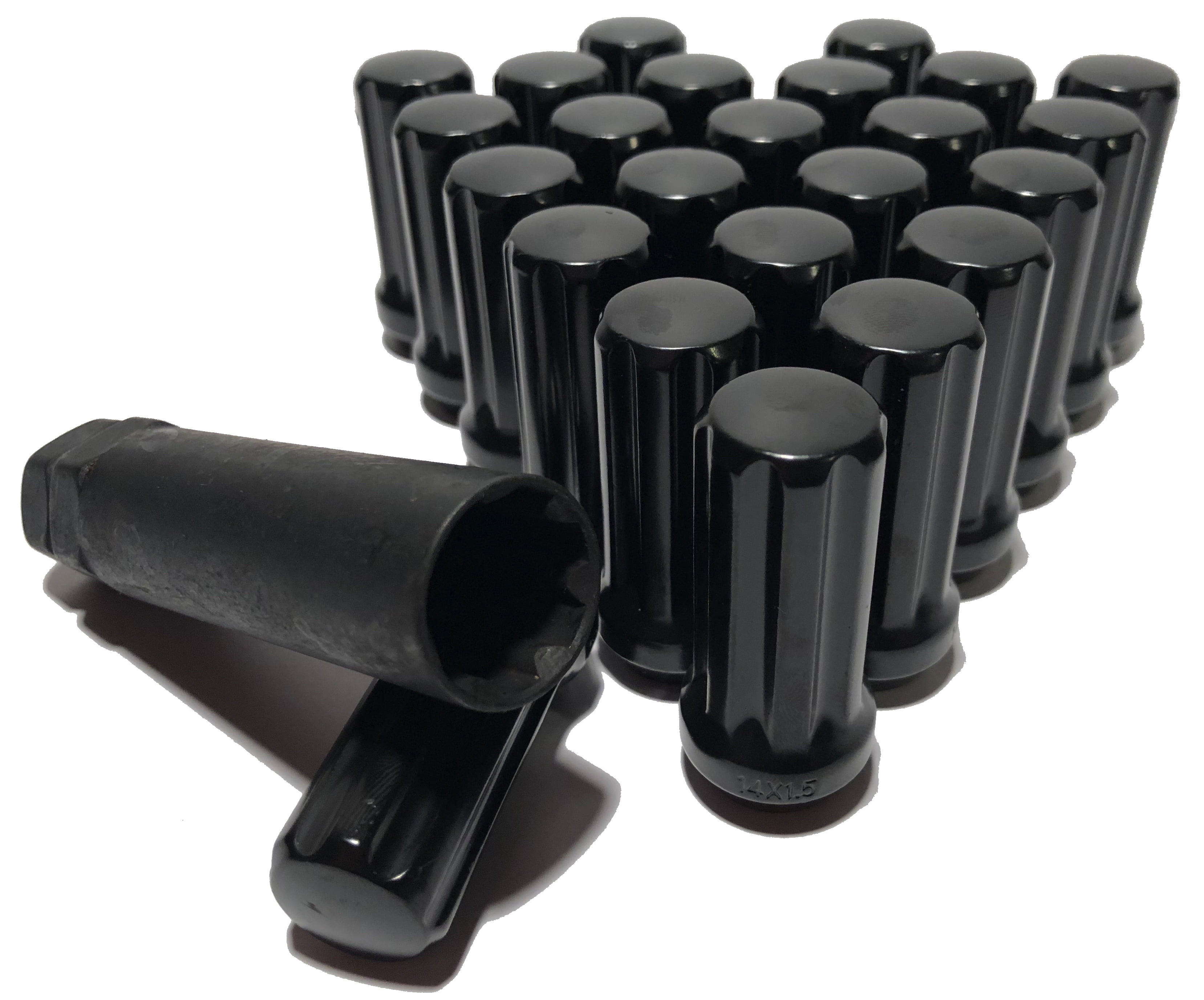 24 Black 14x1.5 Long 7 Spline Lug Nuts 1.90" Tall XL Locks With Key
