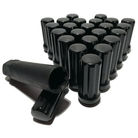24 Black 14x1.5 Long 7 Spline Lug Nuts 1.90" Tall XL Locks With Key Chevy GMC