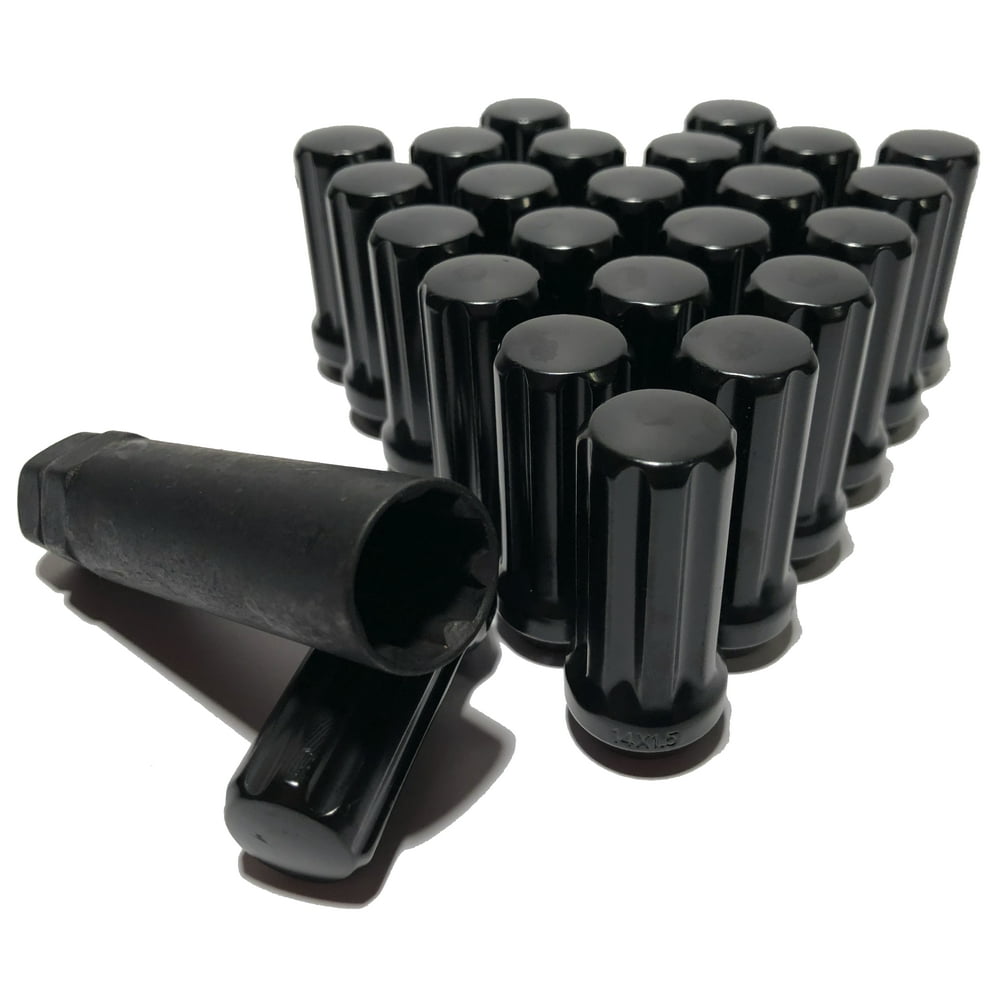 24 Black 14x1.5 Long 7 Spline Lug Nuts 1.90" Tall XL Locks With Key
