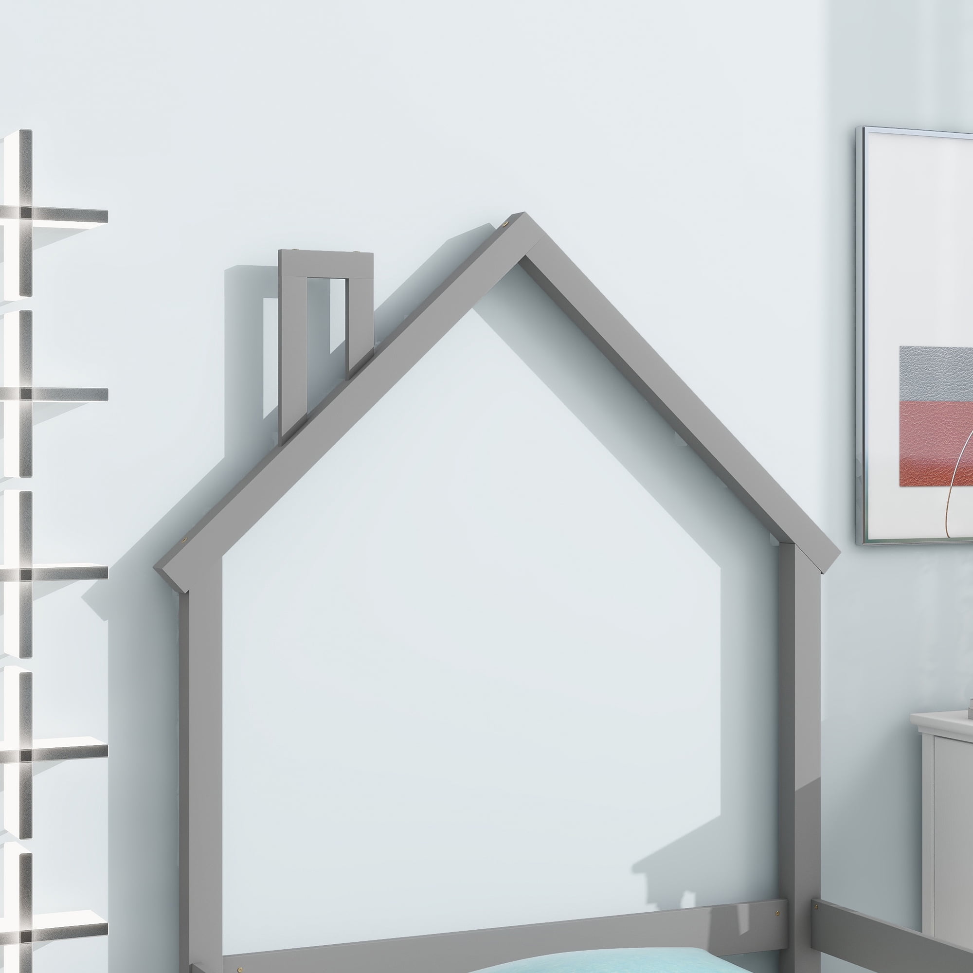 Euroco Twin Size House Bed, Low Profile Floor Bed with Chimney, Gray