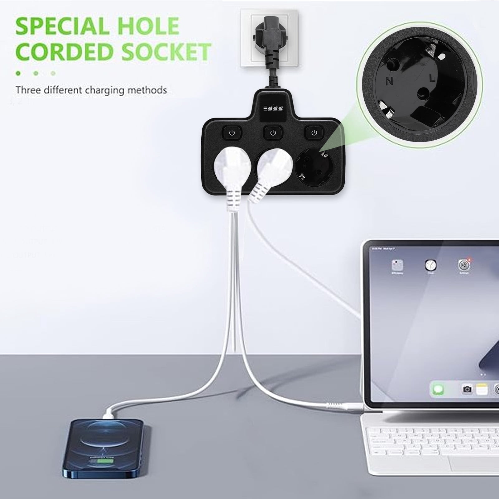 Suodoka 3-Way Power Socket Extender with Independent Switches, Multi-Outlet Adapter with 2 Prong EU Plug, 220V Grounding Electrical Outlet Receptacle for Home and Office, Black