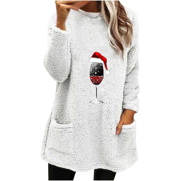 Lenpel Women's Fuzzy Sweatshirts Oversized Long Sleeve Christmas Graphic Fleece Pullover Sweaters Winter Warm Outwear