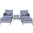 thumbnail image 1 of Outsunny 5 Pieces Wicker Patio Furniture Sofa Set Thick Padded Cushions, Outdoor PE Rattan Conversation Coffee Set with Armchairs, Footstools and Glass Top Table, Blue and White, 1 of 9