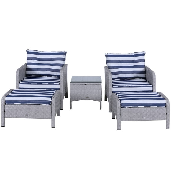 Outsunny 5 Pieces Wicker Patio Furniture Sofa Set Thick Padded Cushions, Outdoor PE Rattan Conversation Coffee Set with Armchairs, Footstools and Glass Top Table, Blue and White