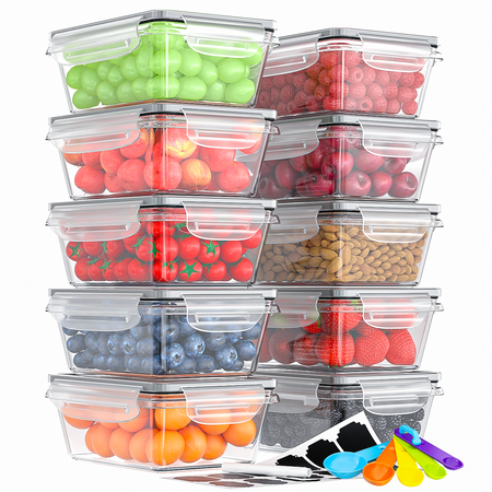 20 Pcs Food Storage Containers Set with Lids - BPA-Free Airtight Plastic Containers for Pantry & Kitchen Organization, Meal Prep, Lunch Containers with Free Labels & Marker (10 Lids + 10 Containers)