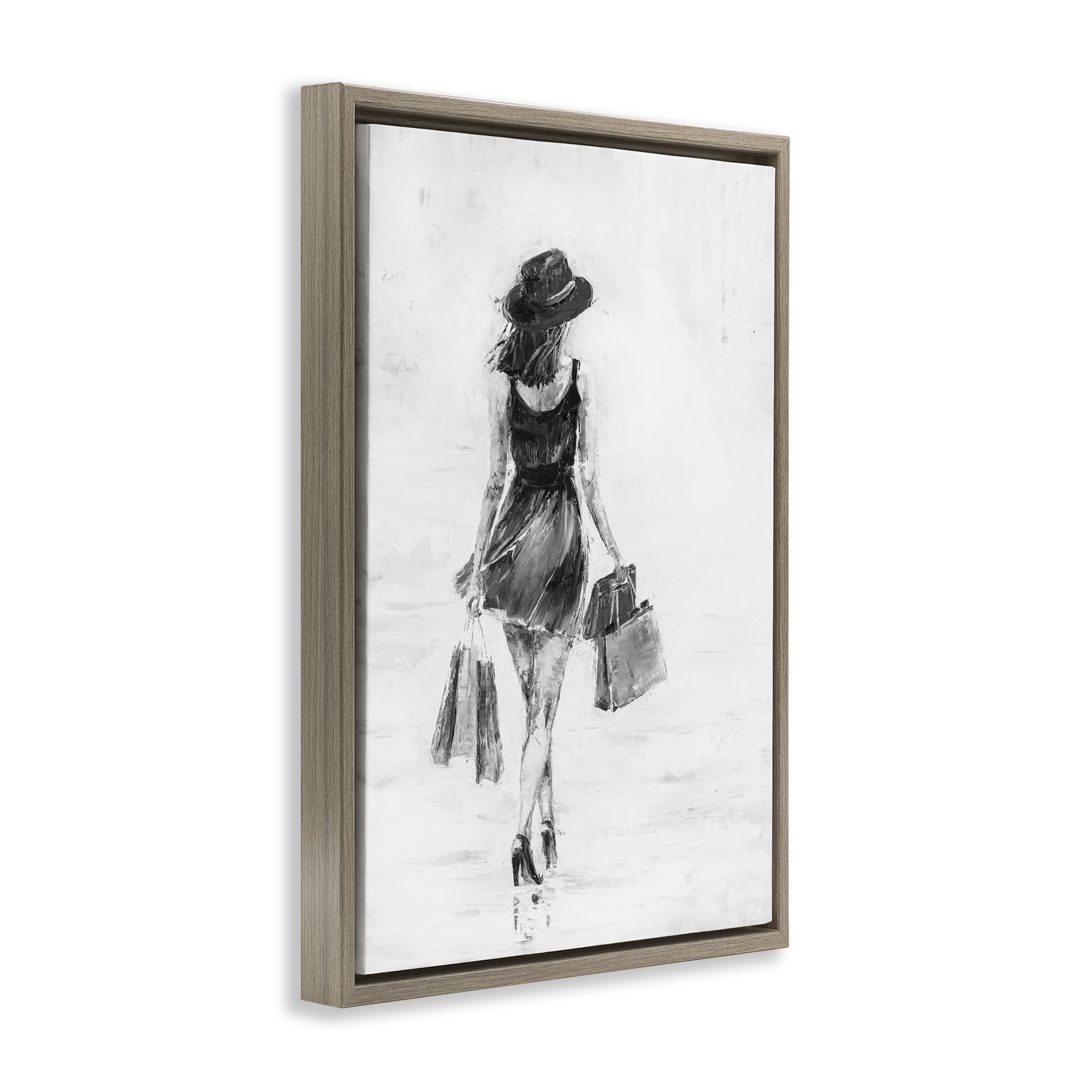 Stupell Industries Girl with Shopping Bags Novelty Painting Brown Floater Framed Art Print Wall Art, 21 x 31