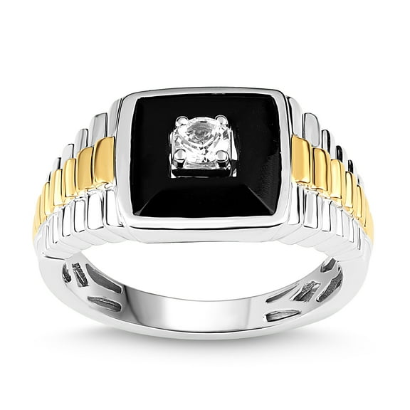 Sterling Silver & 14K Yellow Gold Plated Lab-Created Onyx & White Sapphire Men's Ring