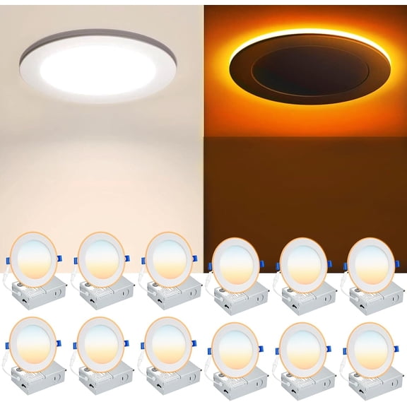 12 Pack 6 Inch LED Recessed Light with Night Light - Canless Ultra Thin Wafer