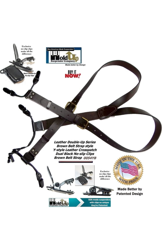 Hold-Ups Brown Bonded Leather 1" Belt Strap Men's Suspenders with Patented No-slip Clips