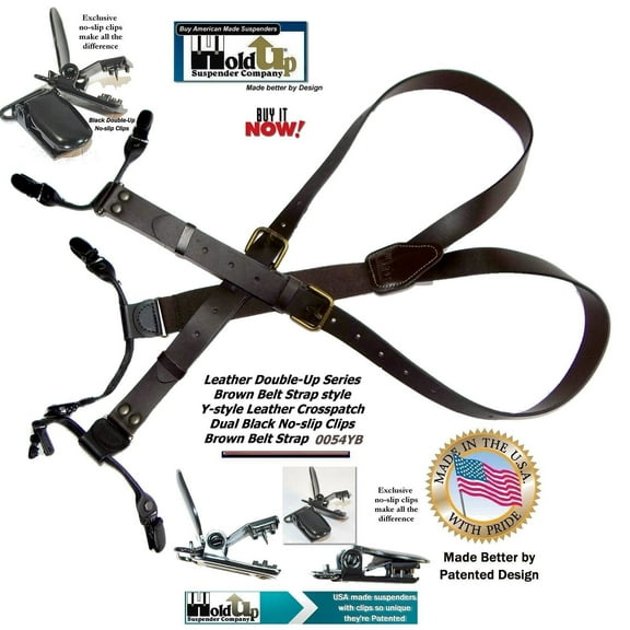 Hold-Ups Brown Bonded Leather 1" Belt Strap Men's Suspenders with Patented No-slip Clips