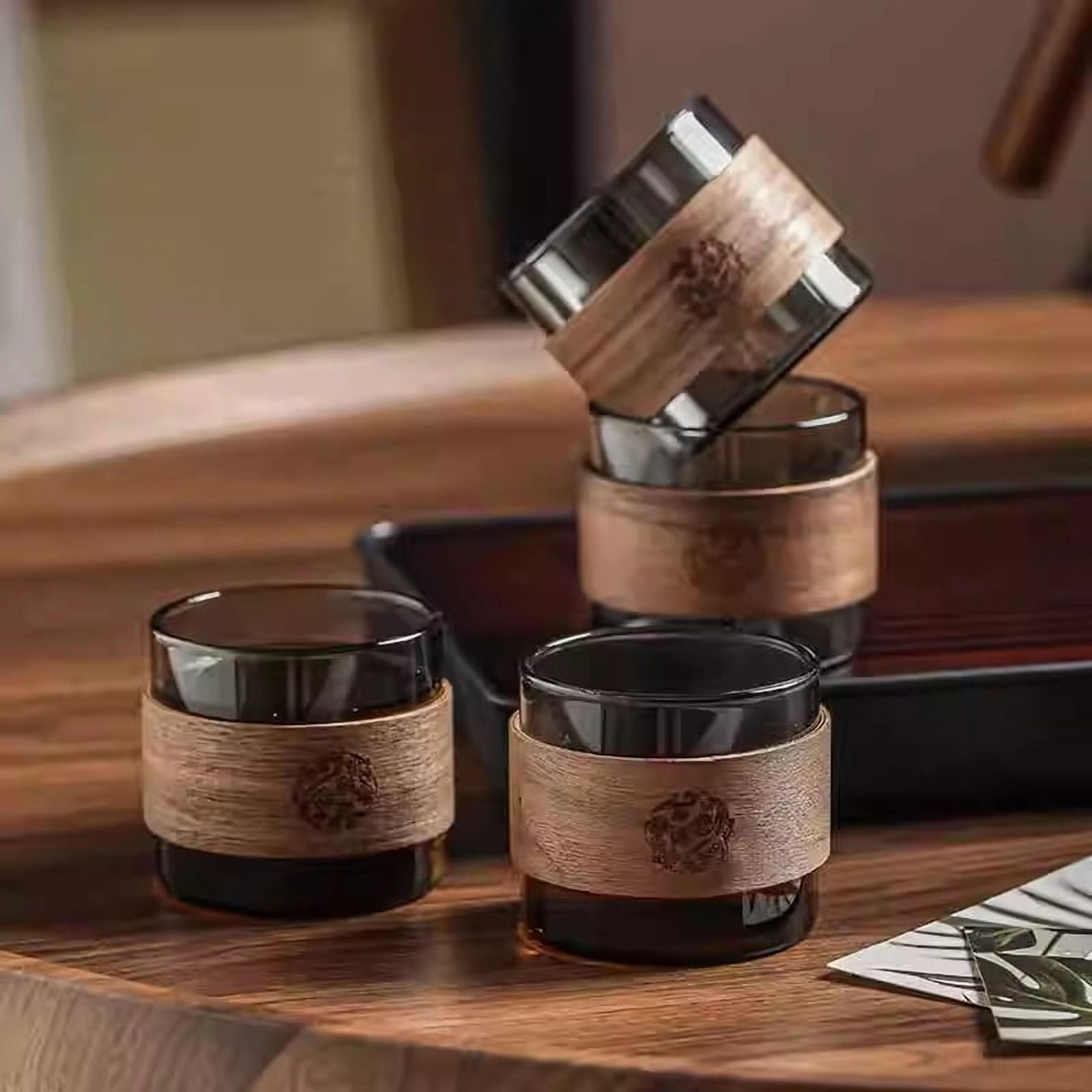 6pcs Heat-resistant Glass Tea Cup Set Of 150ml Home Coffee Espresso Mug With Scald Proof Wooden Holder Kungfu Tea Master Set