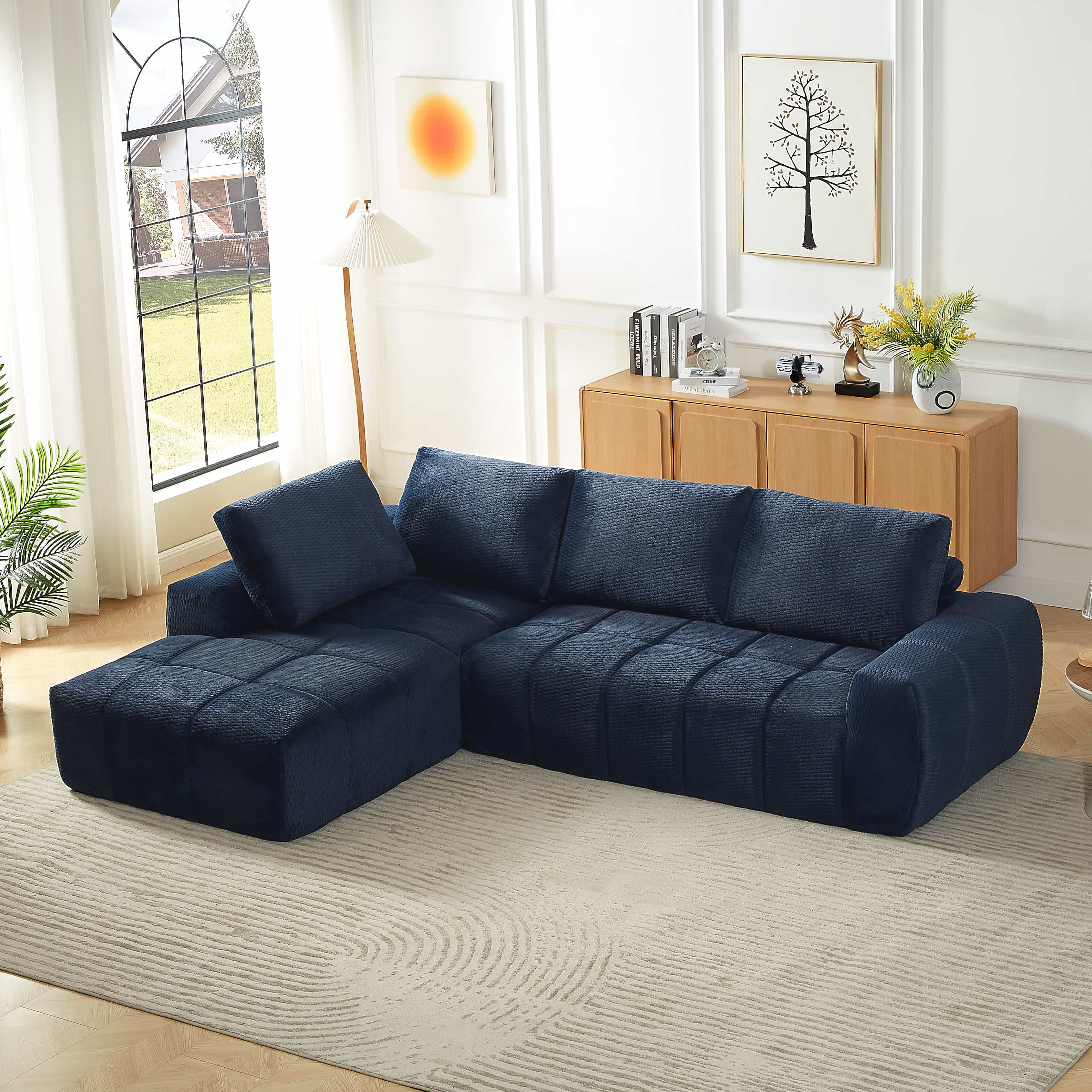 MAYEERTY Faux Fur L-Shape Oversized Sectional Sofa, Minimalist & Comfy Sleeper Couch for Living Room, 111×76" Blue