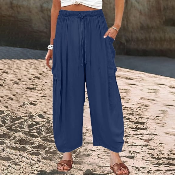 Women's Casual Pants Womens Elastic Waisted Pleated High Waisted Wide Leg Pants Loose Casual Cotton And Linen Cropped Pants Beach Casual Pants,Blue Women's Casual Pants L