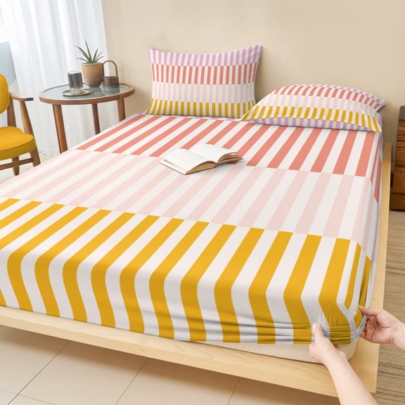 Twin Sze Fitted Sheet Set - Colorful Stripe 2 Piece Bedding Sets 16" Deep Pocket Fitted Sheet with 1 Pillowcase, Modern Pink Red Yellow Vertical Striped Brushed Microfiber Hotel Luxury Bed Sheets