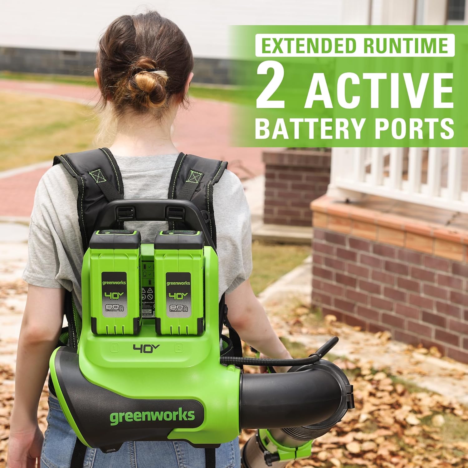 Greenworks 40V (175 MPH / 710 CFM / 75+ Compatible Tools) Dual Port Cordless Brushless Backpack Leaf Blower, (2)8.0Ah Battery and Charger Included