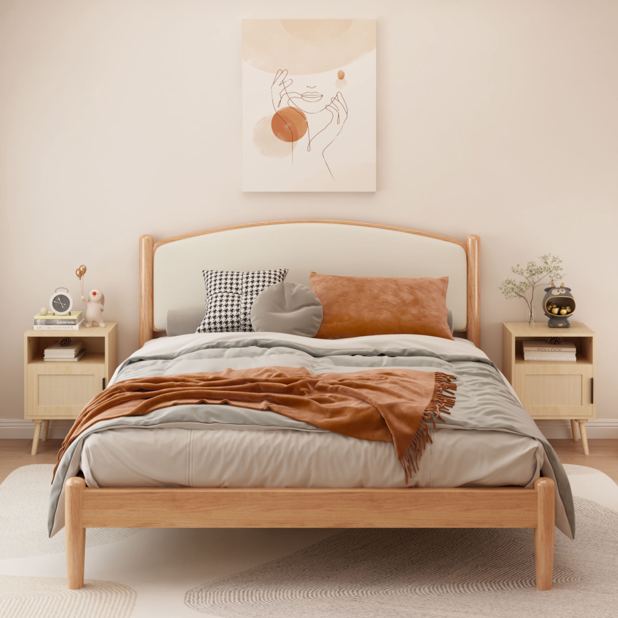 MAYEERTY Boho Rattan Nightstand with Door & Open Shelf, Wood Bedside End Table for Bedroom Dorm Small Apartment Spaces, Oak