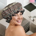 thumbnail image 5 of Shower Caps,Brown Geometric Triangle Diamond Pattern Waterproof Shower Cap for Women 4 Pieces,Double Reusable Hair Cover for Shower PEVA Elastic Stretch Hem, 5 of 7