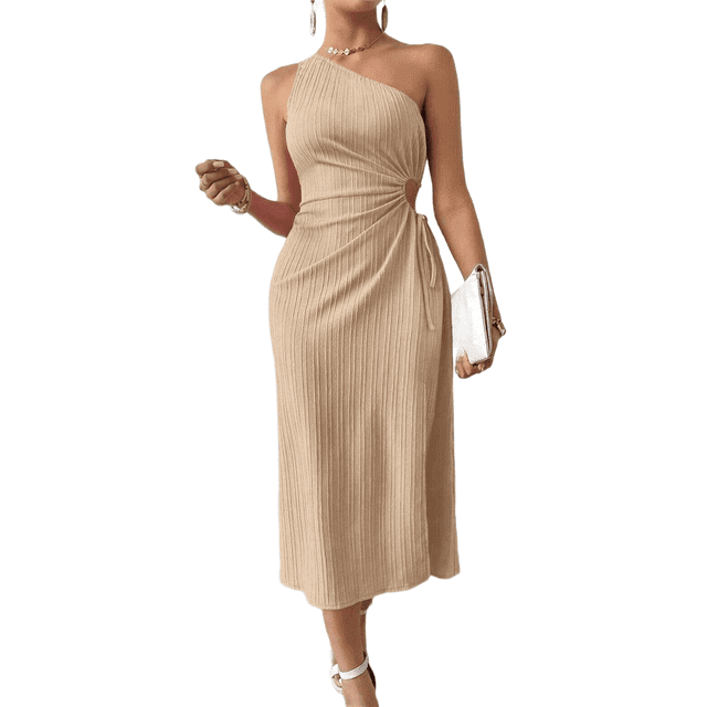Vestido de Verano Midi Sin Mangas con Abertura Alta y un Hombro Descubierto para Mujer, Color Albaricoque S