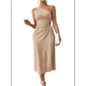thumbnail image 1 of Vestido de Verano Midi Sin Mangas con Abertura Alta y un Hombro Descubierto para Mujer, Color Albaricoque S, 1 of 7