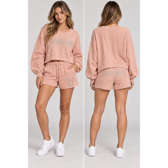 Women’s Pink Rhinestone High-Low Sweatshirt & Shorts 2-Piece Set
