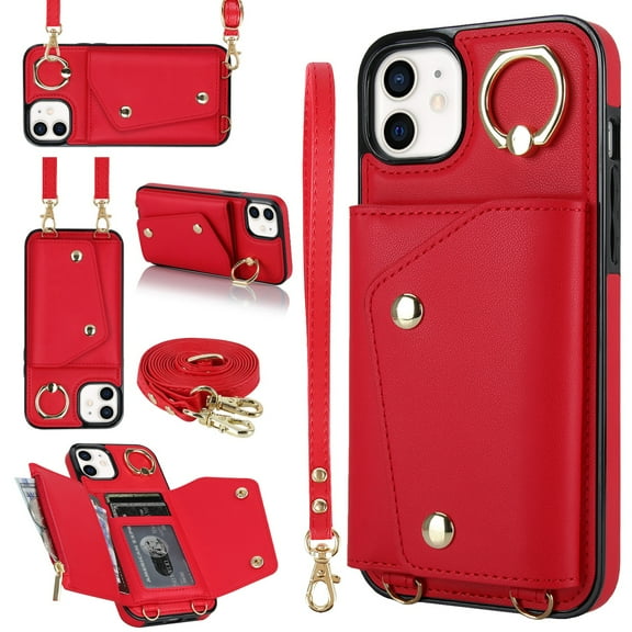 ShellTech Phone Case for iPhone 12/12 pro case with Strap Wallet for Women with Card Holder,Red