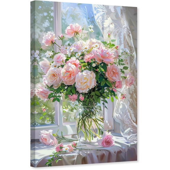 ZHONGYUTONG Peony Canvas Wall Art Pink Flower in Vase Pictures Floral Painting Romantic Poster Print for Bathroom Decor Framed (12.00" x 18.00")
