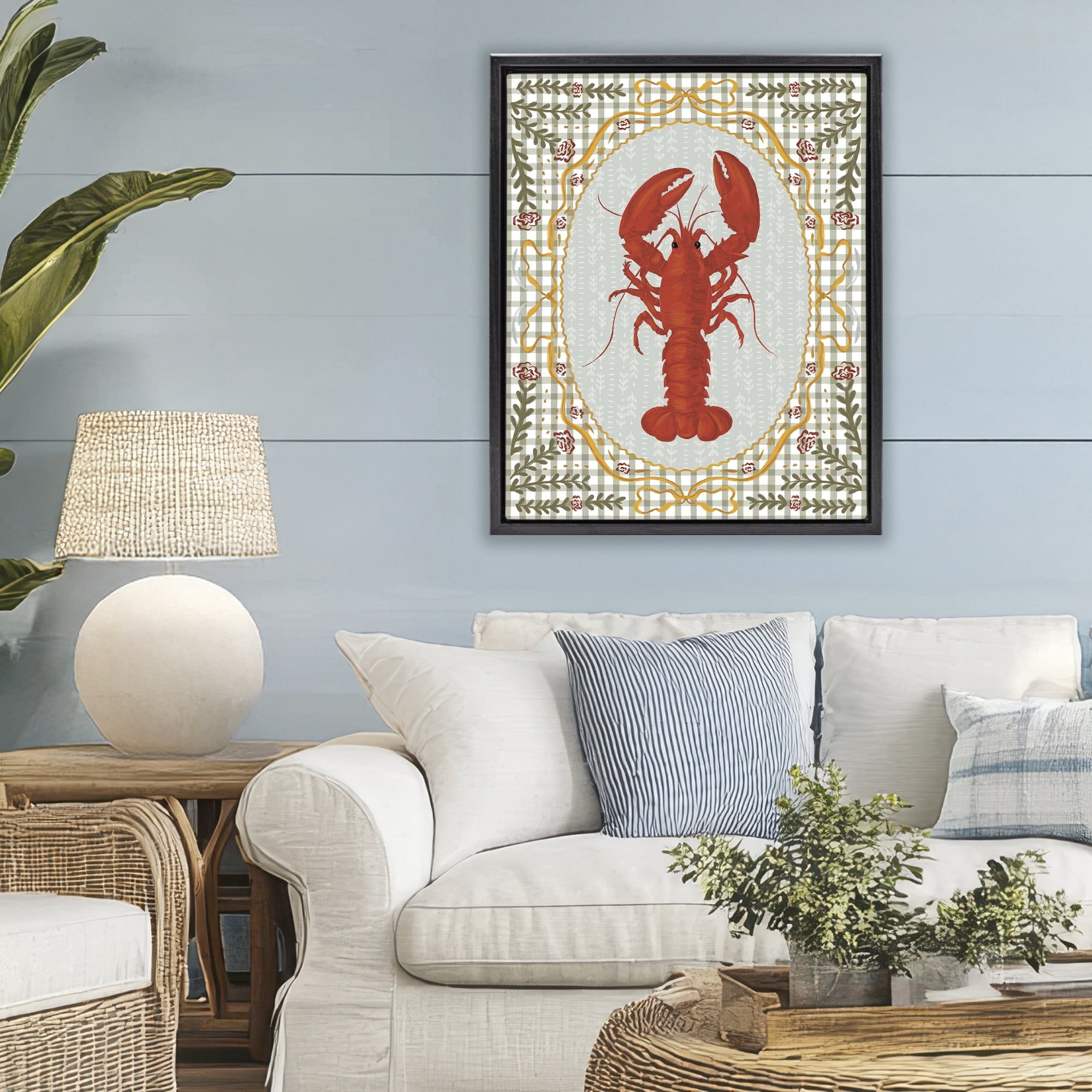 Stupell Industries Lobster with Gingham Kitchen Charm Black Framed Floater Canvas Wall Art, design by Vero Illustrates