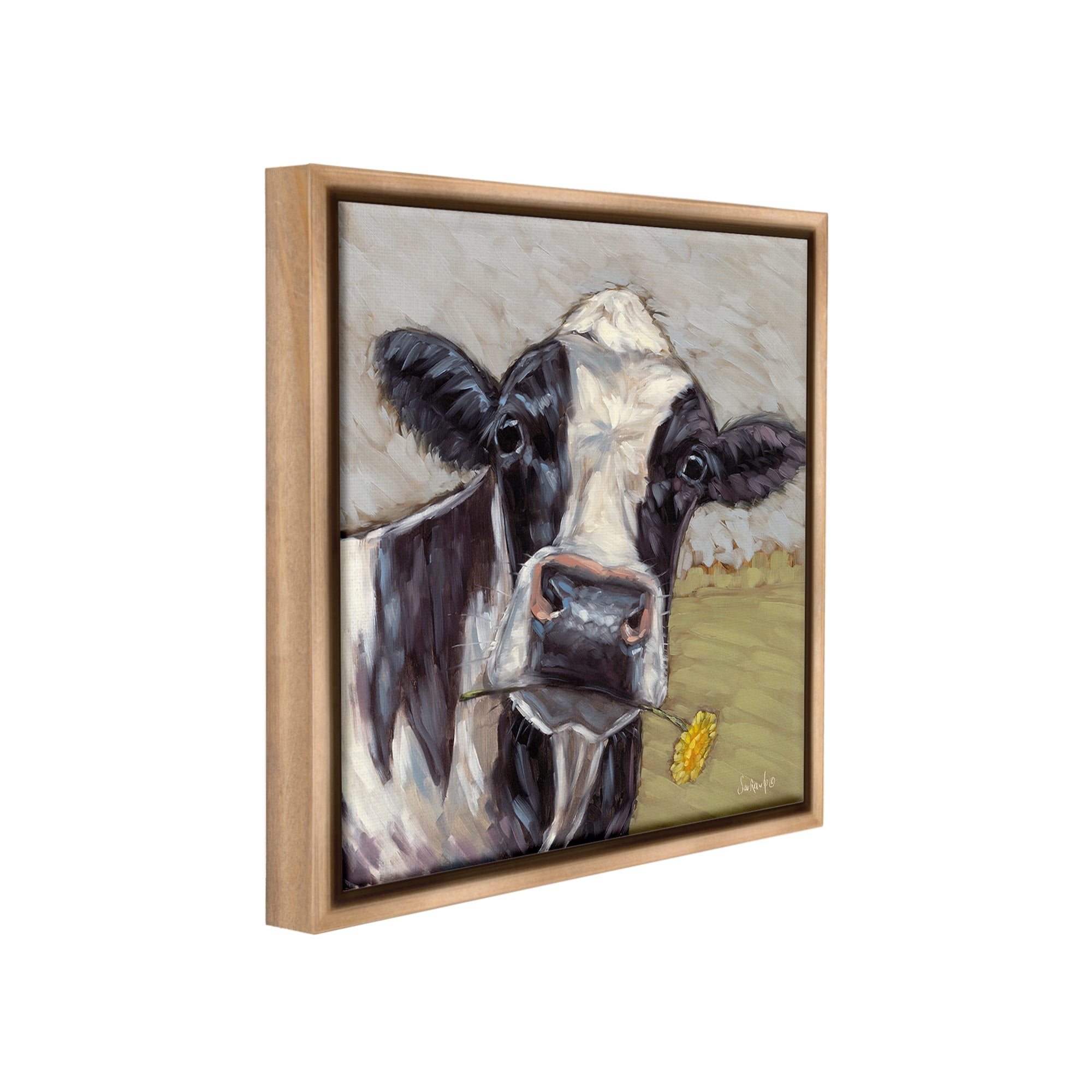 Stupell Industries Cow with Yellow Daisy Animals & Insects Painting Brown Floater Framed Canvas Art Print Wall Art, 25 x 25
